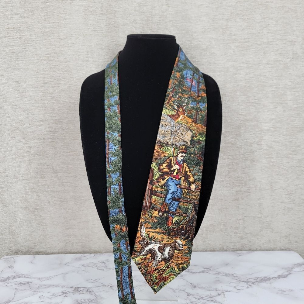 Tango Americana Series Hunter Silk Hunting Scene Necktie with Dog Men's Necktie